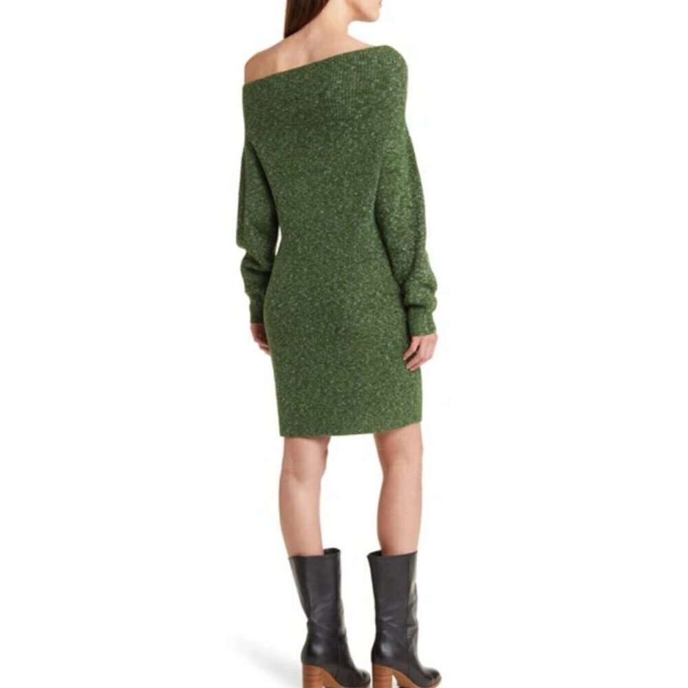 TREASURE & BOND Green Ribbed One Shoulder Long Sleeve Sweater Dress Size L - Picture 2 of 7